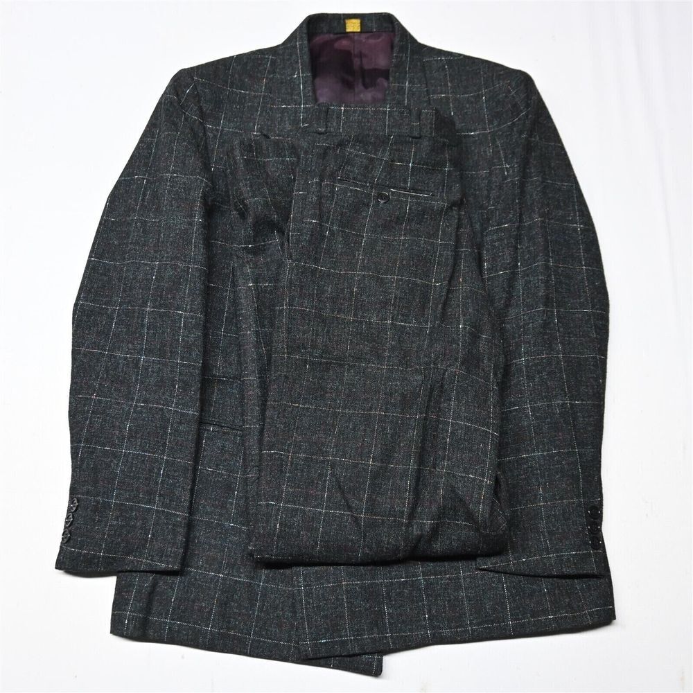 Vtg 90s Webster 42R 30x32 Windowpane Check Tweed Wool Double Breasted Pants Suit